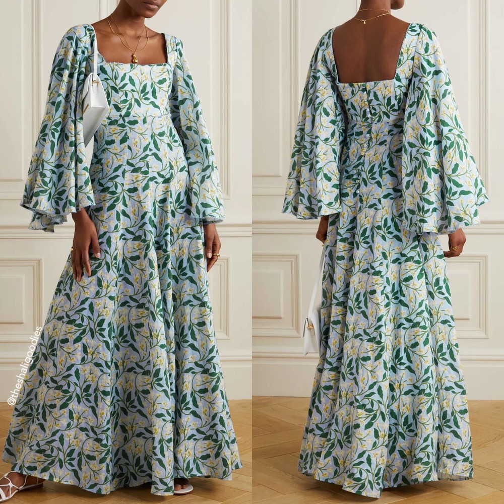 AGUA BY AGUA BENDITA Dress Cumbia Floral Linen Maxi Dress Blue